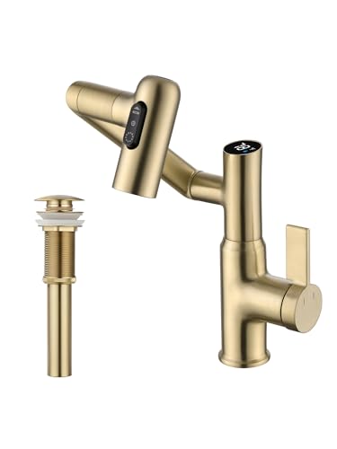 Lefton Rotatable Bathroom Faucet BF2204 with Pop-up Bathroom Sink Drain Stopper Without Overflow D01 (Contemporary Brushed Gold)