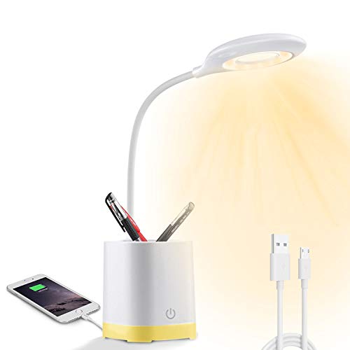 Lampe de Bureau LED, Power Bank, Porte Stylo 3 in 1, HyAdierTech Table Lampe de Chevet Enfant Lampe de Lecture Dimmable Desk Lamp pour Étudier, USB Rechargeable, Col de Cygne Flexible
