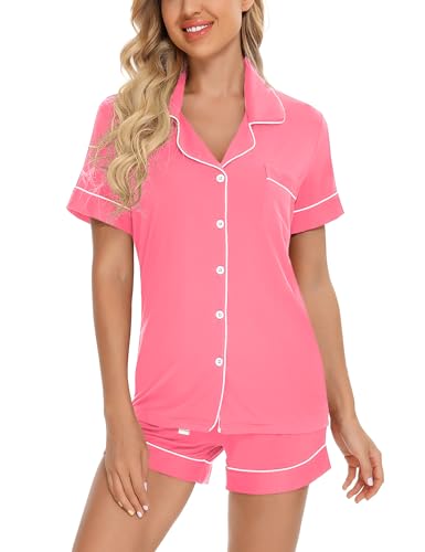 Image of Anjue Womens Pajamas Set Short Sleeve Button Down Soft Pj Sets S-XXL | V neck,Pyjamas,Modal,Wedding,Pijamas de mujer,Bridal party,Viscose,Knit,Cute,Lounge,Lightweight,Nursing,Holidays