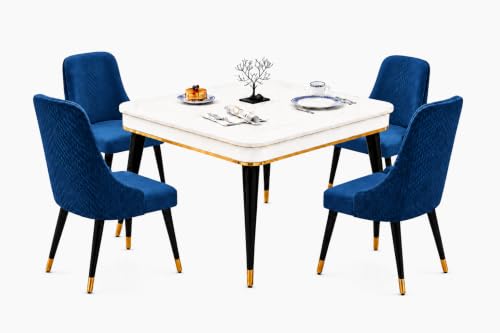 Image of WOODEN SPACE 4 Seater Wooden Dining Table Set | Urban Marble Top Dining Table with Chairs for Dining Room & Kitchen (Modern Vento Navy Blue) (42 x 42 x 30 inch)