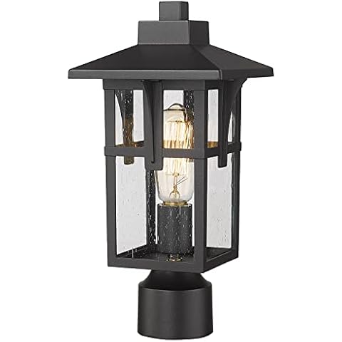 Outdoor Post Lights, HWH Large Lamp Post Light Fixtures, Exterior Pillar Lantern with Seeded Glass, Outdoor Pole Lamp for Column, Pathway, Matte Black Finish, HX1P BK (Large) Cover