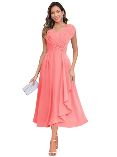 Image of SOLODISH Mother of the Bride Dresses for Wedding Tea Length Chiffon A Line Formal Wedding Guest Party Gown