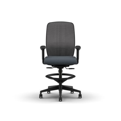 Image of HON Nucleus Task Stool, Ergonomic Office Chair, Home Office Desk Chairs, Synchro-Tilt with Seat Slider, Adjustable Footring, Height-Width Adjustable Arms, Black Mesh, Darkness Fabric, Black Frame