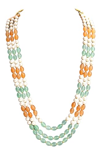AAMRAPALI Multi-Strand Beaded Necklace, Pearl White, Mint Green and Orange Colours, Long Length - Orange::Mint-image-46
