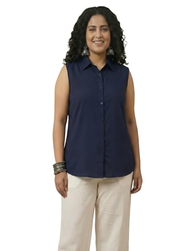 Image of Women Plus Size Sleeveless Button Down Shirt Polyester Formal Office Casual Wear Classic Fit Professional Shirt