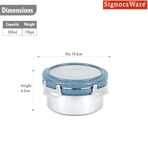 Image of Signoraware Lock N Store Stainless Steel Round Container With Steel Lid | Airtight & Leakproof | Compact & Durable | Ideal for Snacks, Office, School & Travel Use (350ml | EBlue)