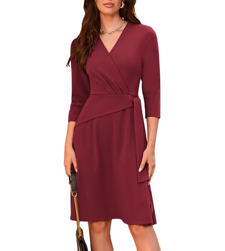 GRACE KARIN Damen Wickelkleid mit V-Ausschnitt Formelles Kleid 2024 Taillenband für Herbst Business Weinrot L