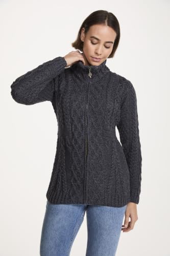 Image of Zippered Wool Cardigan with Full Neck by Aran Woollen Mills