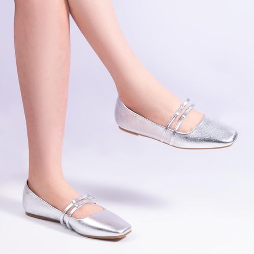 Image of MUSSHOE Mary Jane Shoes Womens Ballet Flats with Strap Comfortable Flats for Women Square Closed Toe Shoes Silver