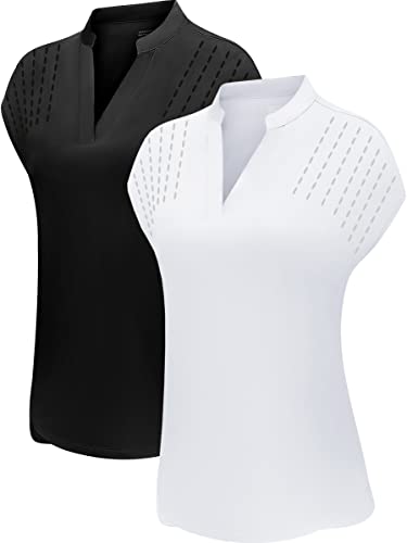 Dotin Womens 2 Pack Golf Polo Shirts Short Sleeve V Neck Collared Quick Dry Tennis Sports Shirts Workout Tops #TOP20