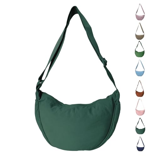 LOCCY Damen Halbmond Crossbody Schultertasche, Hobo Halfmoon Bag Einfarbige Nylon Crossbody Bag Damen Halbmond Schultertasche mit verstellbarer Schultergurt für Damen Reisen(Dunkelgrün)