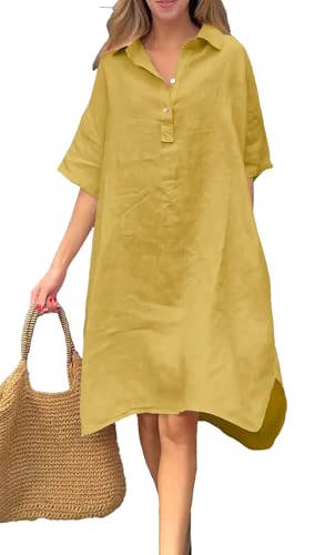 chouyatou Women's Summer Casual Linen Beach Tunic Dress Loose High Low Midi Long Polo T Shirt Dress