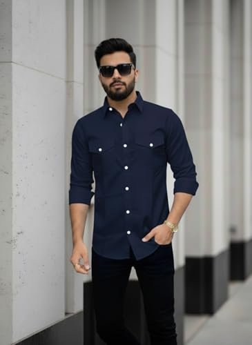 Image of DEELMO Men's Classic Cotton Blend Slim Fit Shirt || Full Sleeve Button-Down Casual Shirt with Dual Flap Pockets || Soft Breathable Fabric || Ideal for Office Party and Everyday Wear