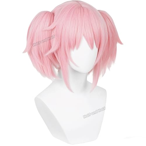Image of Mado-ka Cosplay Wig Short Light Pink Anime Ponytail Wig with Bangs | Pastel Pink Wigs Cute Lolita Magic-Girl Wig Synthetic Hair for Women Halloween Party Costumes