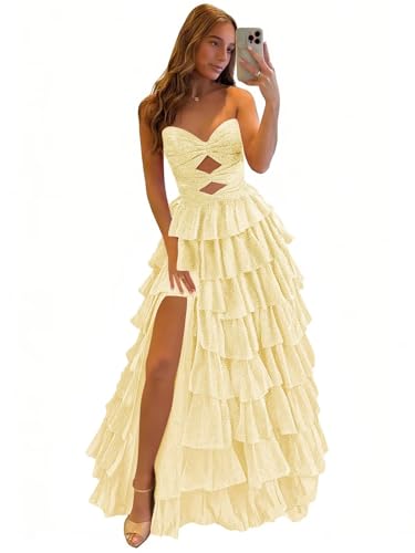 MCOLLNAS Sparkly Sequin Prom Dresses for Teens Long Corset Yellow Strapless Tiered A-Line Evening...
