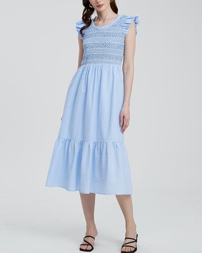 Women's Embroidered Smocked Midi Dress Casual Boho Ruffle Sleeve Crewneck Long Flowy Summer Dress4