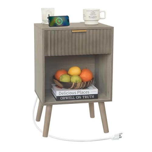 Image of Fultyle Grey Wood Nightstand with Charging Station, Modern Bedside Table with Fluted Drawers and Storage Shelf, End Side Tables Living Room for Bedroom, Office (Grey)