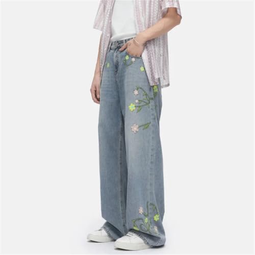 Men's Jeans Korean Style Flower Embroidery Contrast Color Loose Personalized Straight Denim Pants3