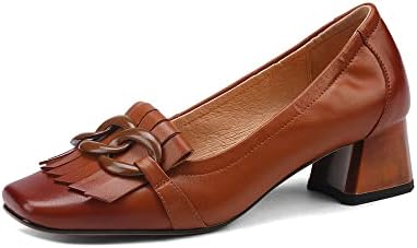 TinaCus Women's Genuine Leather Square Handmade Tassels Chunky Heel Retro Loafers Shoes with Chain Décor(Red Brown, US7)