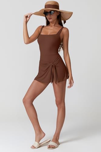 Image of QINSEN Square Neck Swim Dress for Women Tummy Control One Piece Swimsuit Wrap Bathing Suit