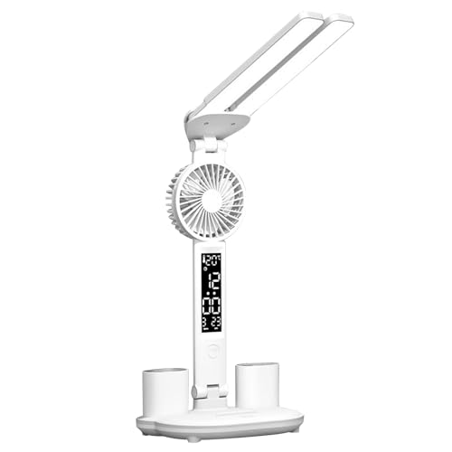Lampe d'étude à double tête avec ventilateur - Lampe de bureau LED avec horloge et porte-stylos - Contrôle tactile - Affichage de la température, de...