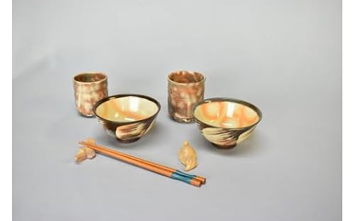 萩焼 福の器揃い(ご飯茶碗・湯呑・鶴亀箸置きセット) |HGH00011