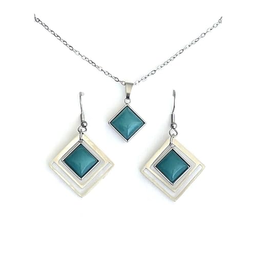 ASTER ALHELÍ – Conjunto Joyas Mujer Collar y Pendientes – Acero Inoxidable con Piedra Natural Jade Azul – Collar Ajustable y Pendientes Colgantes Elegantes – Set Joyería Artesanal – Regalo Mujer