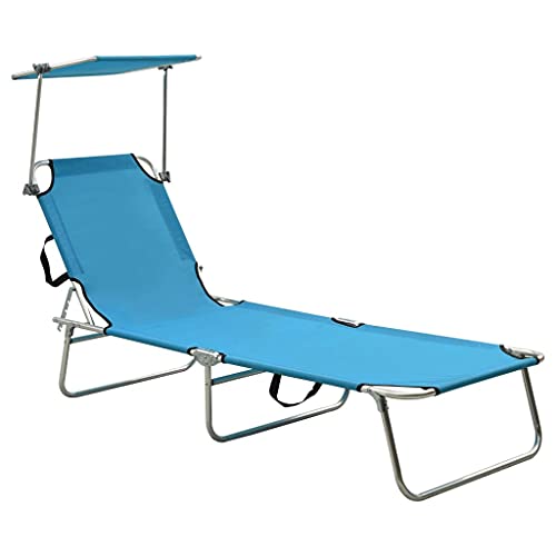 vidaXL Chaise Longue Pliable avec Auvent Transat de Patio Bain de Soleil d'Extérieur Chaise Longue de Terrasse Jardin Acier Turquoise et Bleu
