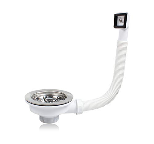 Residuos cesta colador y cuadrado tubo de desagüe, Valvula Fregadero 110 1 1/2'' Cesta Honda, Acero inoxidable + ABS, Blanco