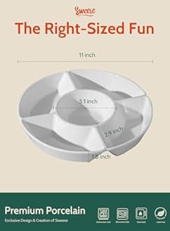 Sweese Chip & Dip Serving Set, Porcelain Divided Serving Platter, Relish Tray, Perfect for Chips and Dip, Veggies, Candy and Snacks, White