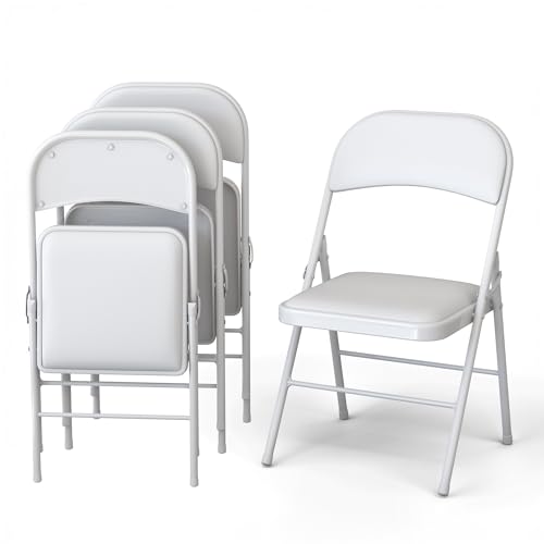 Our Modern Space 4 Pack Leather Chair | Foldable & Stackable | 350 lbs Capacity Steel Frame Seats for Indoor or Outdoor | Commercial Use Events Wedding Party Events Bulk Picnic Kitchen Dining - White