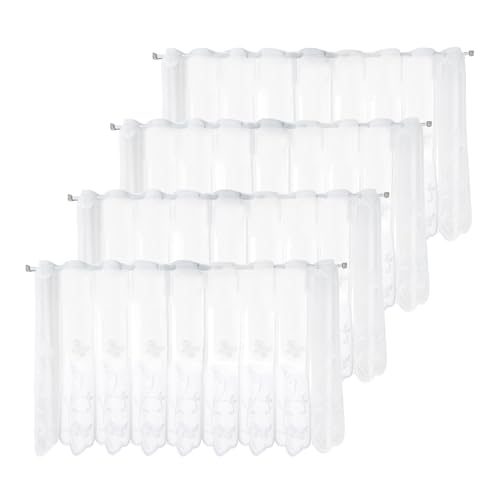 DHSWNNG 4 Pièces Rideaux Brise-bise Jacquard Transparent, 130 x 45 cm Blanc Rideau de Maison de Campagne avec Panneaux à Fleurs Œillets Brise Vue pour...