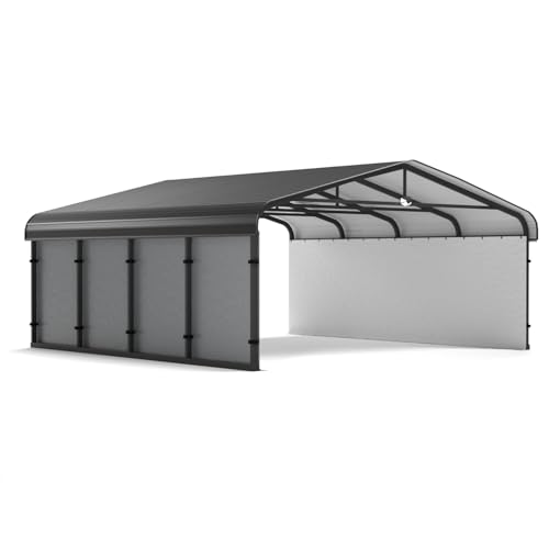 Benass 20x20FT Heavy Duty Metal Carport, Galvanized Steel Roof Portable Garage with PE Sidewalls, 2x2 Reinforced Square Tube Frame, All-Weather Waterproof Shelter for Car, Truck, Boat