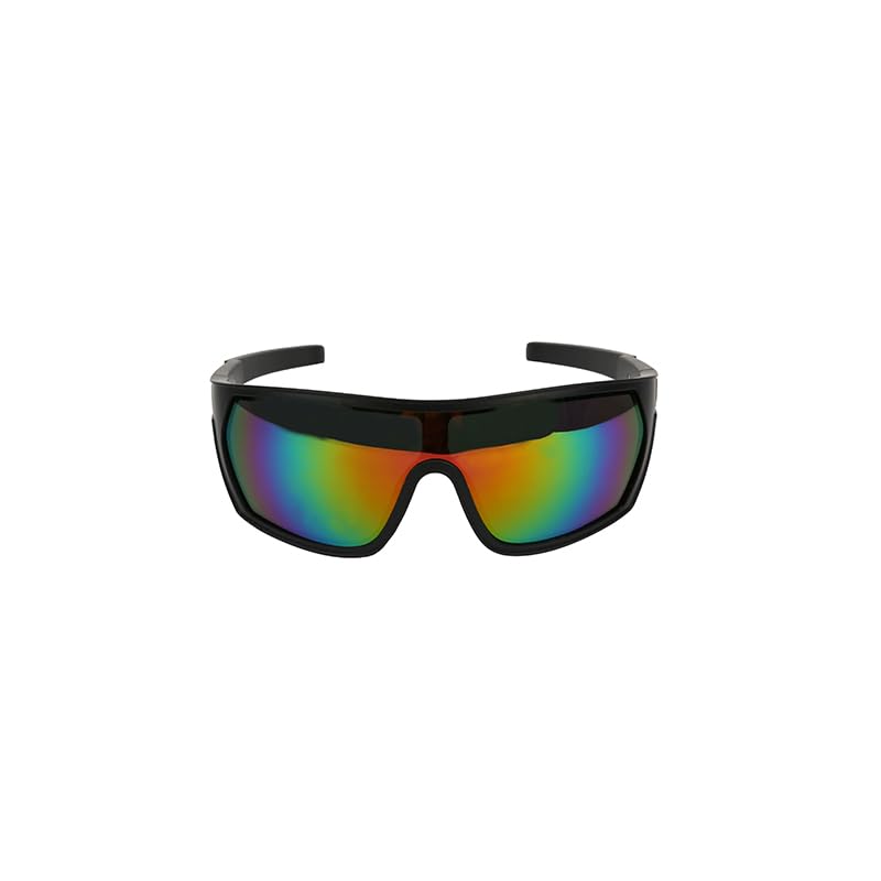 Sports Sunglasses with Rainbow Mirror Lens, Black Frame, Shield Design (colorful)