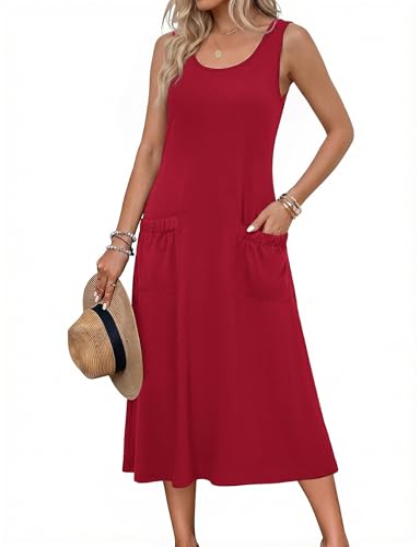Image of Zeagoo Womens Summer Midi Dresses 2026 Casual Sleeveless Tank Sundresses A Line Crewneck Beach Vacation Dress with Pockets