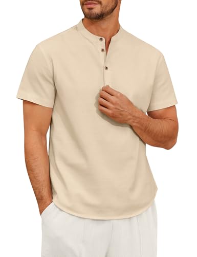 Vijamiy Camiseta Lino Hombre Camisas Manga Corta Verano Casual Camisas Elegante Algodón con Botónes Shirt Regular Fit(Beige,XL)