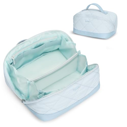 Image of Hynes Eagle Travel Makeup Bag for Women Puffy Cosmetic Organizer Pouch Open Flat Toiletry Bag for Toiletries Brushes Structured Base Light Blue