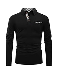Hisir Polos pour hommes en coton à manches longues avec col patchwork, hauts réguliers de travail avec vraie poche, Noir , XL