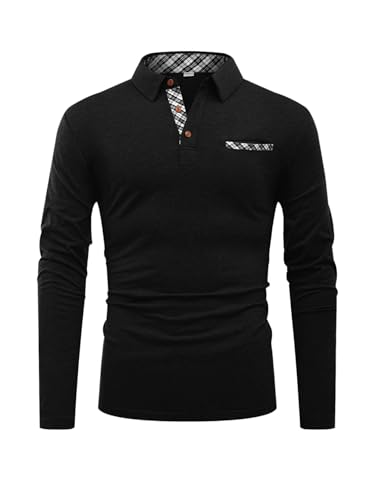 Hisir Polos pour hommes en coton à manches longues avec col patchwork, hauts réguliers de travail avec vraie poche, Noir , L