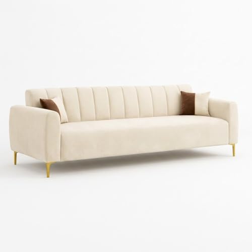 Image of Habibi Rich Velvet Suede 3 Seater Sofa Set | Spacious Soft Touch Comfort Seating | Modern Sofa for Living Room (Cream)