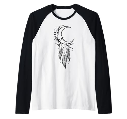 TattooStyle Crescent Moon With Feathers And Eucalyptus Raglan Baseball Tee