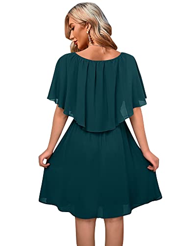 Bodhi Talk Womens Summer Dress Casual Wedding Guest Semi-Formal Chiffon Cape Dress O-Neck Sleeveless Cocktail Dresses Peacock Green X-Large #TOP3