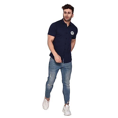 Image of Geum Men's Casual Shirt with Graphic Print | Short Sleeve Button-Down Shirt for Casual & Streetwear Look | Cotton Blend Slim Fit Shirt