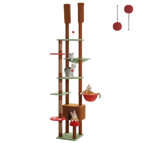 PEQULTI Mushroom Cat Tree Floor to Ceiling Cat Tower Adjustable Height (90.5''-100.4'' = 230cm-252cm) with Cat Condo, Cozy Hammock and Scratching Post, Tall Activity Tree for Indoor Cats, Brown
