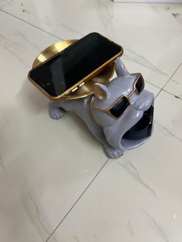 Image of Bulldog Resin Storage Tray | Decorative Dog Statue with Sunglasses | Multifunctional Remote, Key & Coin Holder for Home, Office, Entryway, or Living Room Decor (Grey)