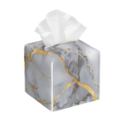 Tangopi Grey Gold Marble Tissue Box Cover Square Leather Tissue Box Holder Decorative Tissue Case Covers Waterproof Tissue Holder Organizer for Bathroom Home Office