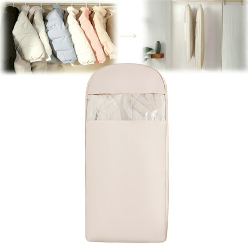 Space Saving Hanging Garment Bag with Self Compression Zipper Update Space Saver Clothes Storage Organizer Dust Cover Clothes Bags for Down Coat Suit Dress or Jacket (Beige XL)