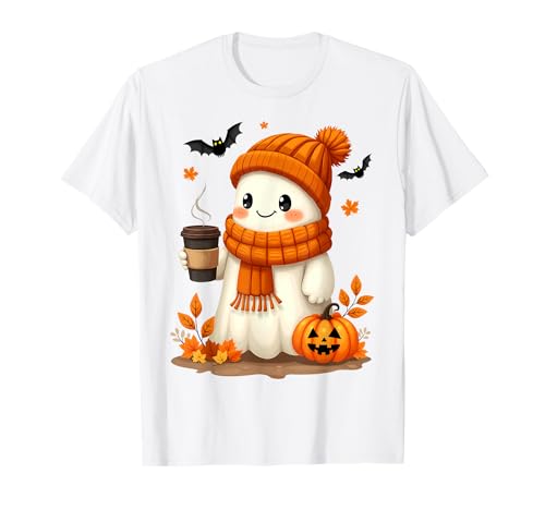 Fantasma lindo con una bebida de café Otoño Halloween Costume Boo Camiseta