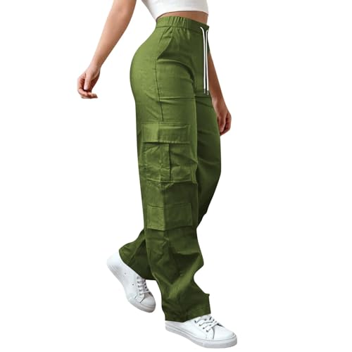 Cargo Pants Women High Waist Wide Leg Baggy Casual Drawstring Trousers Hiking Travel Stretchy Pants Streetwear with Pockets