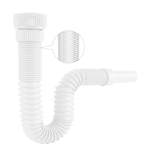 Hibbent Flexibler Ablaufschlauch mit Verstärkter Stahldraht & Adapter, Passend für G1 1/4' (≈40mm) & G1 1/2'(≈45mm) x 32mm Abläufe, Geruchsverschluss Siphon für Küche & Bad, Weiß